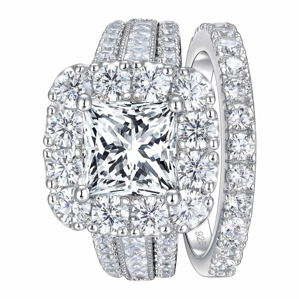 Trendbay Silver Halo Princess Cut Cubic Zirconia Engagement Ring – Vintage Wedding Ring for Women