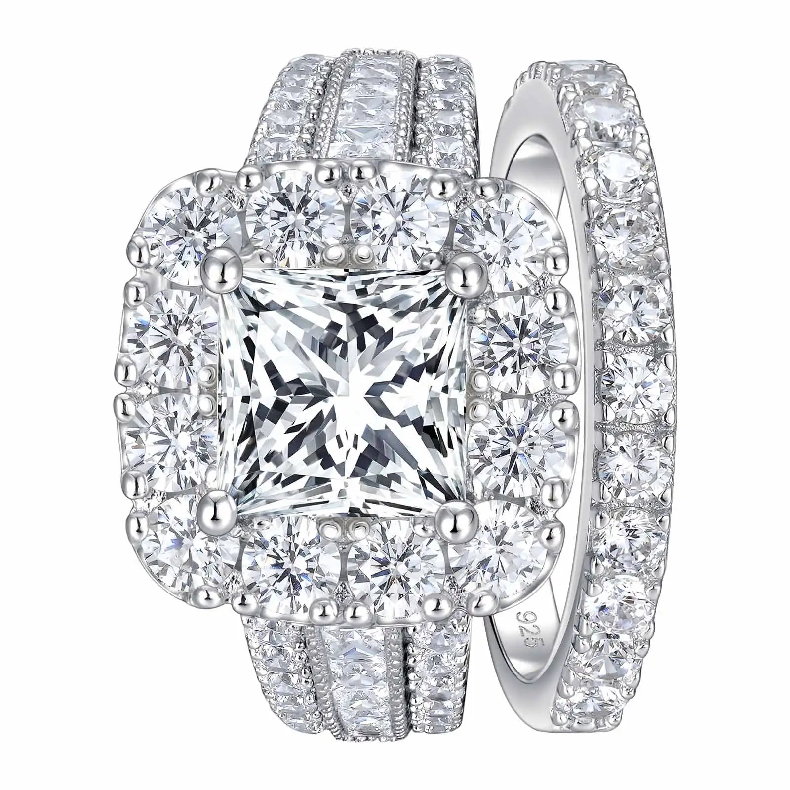 Trendbay Silver Halo Princess Cut Cubic Zirconia Engagement Ring – Vintage Wedding Ring for Women