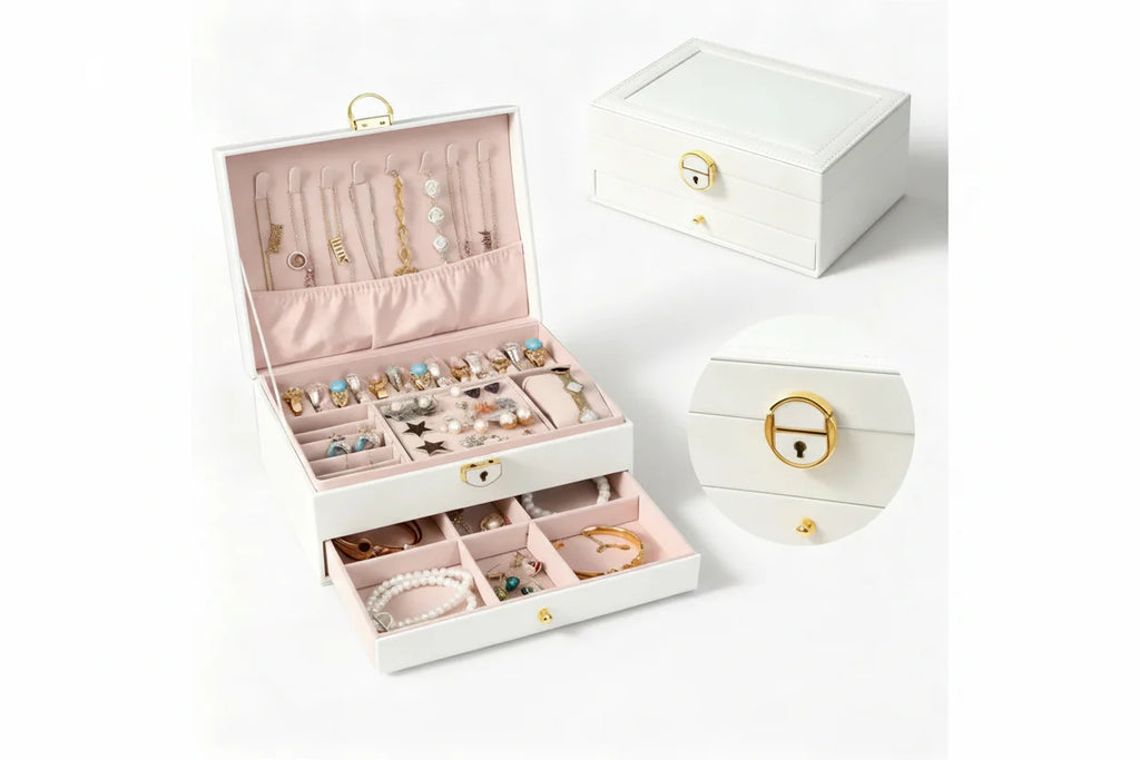 Trendbay Double-Layer Jewelry Storage Box – Luxury Organizer for Earrings, Rings, Necklaces & Watches