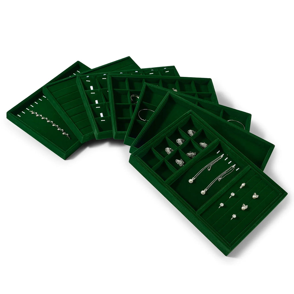 Trendbay Emerald Green Velvet Jewelry Display Tray Set – Multi-Grid Organizer for Rings, Necklaces, Earrings & Bracelets