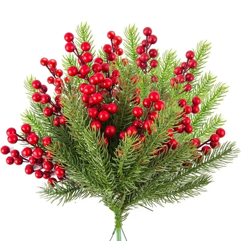 Trendbay Artificial Pine Branches with Red Berries 10Pcs