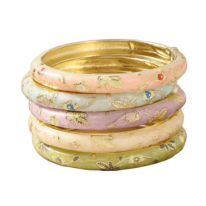 Trendbay 5-Piece Vintage Cloisonné Enamel Flower Bangle Set – Bohemian Women's Fashion Jewelry