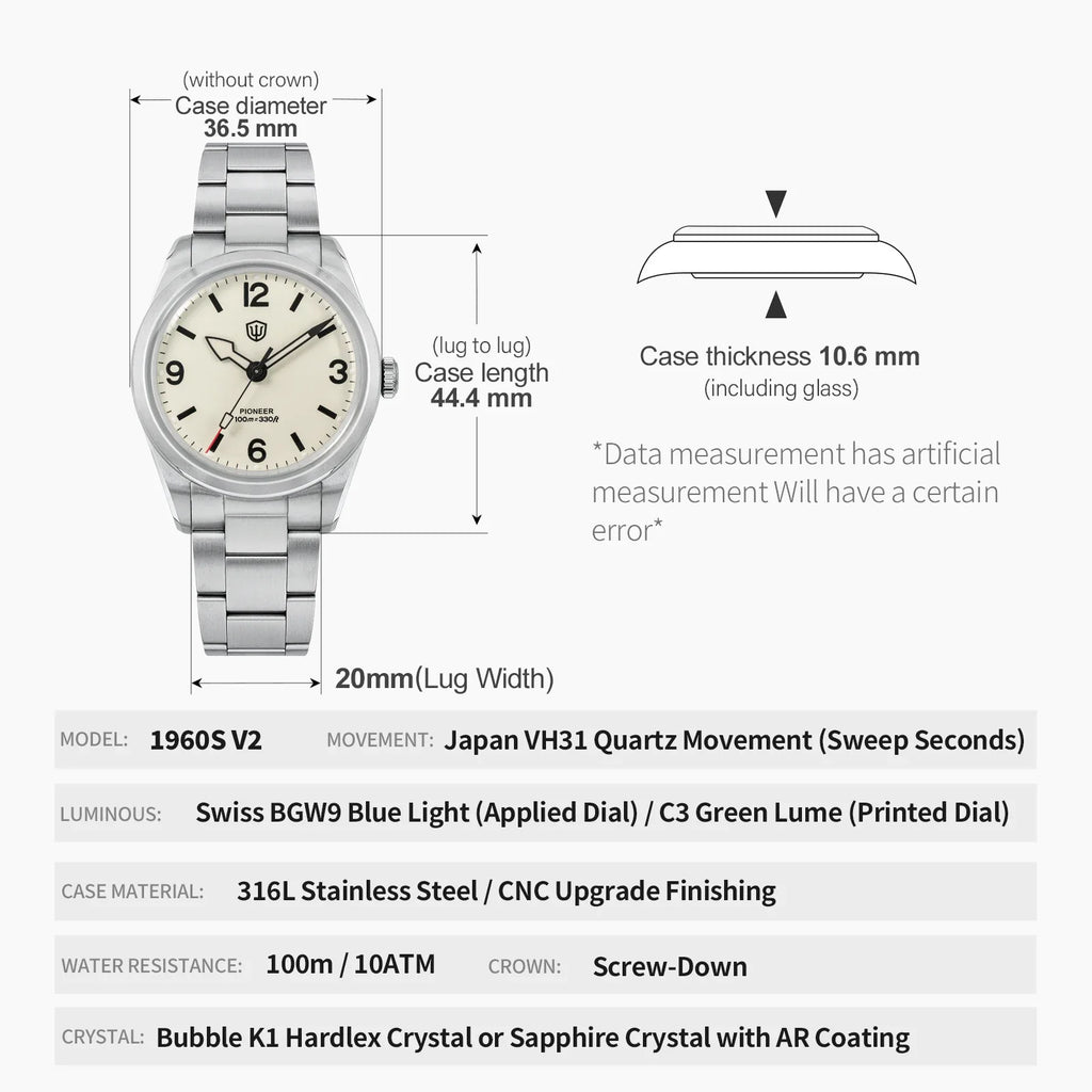 Trendbay 36.5mm Vintage Quartz Watch with Sapphire Crystal & 100M Water Resistance