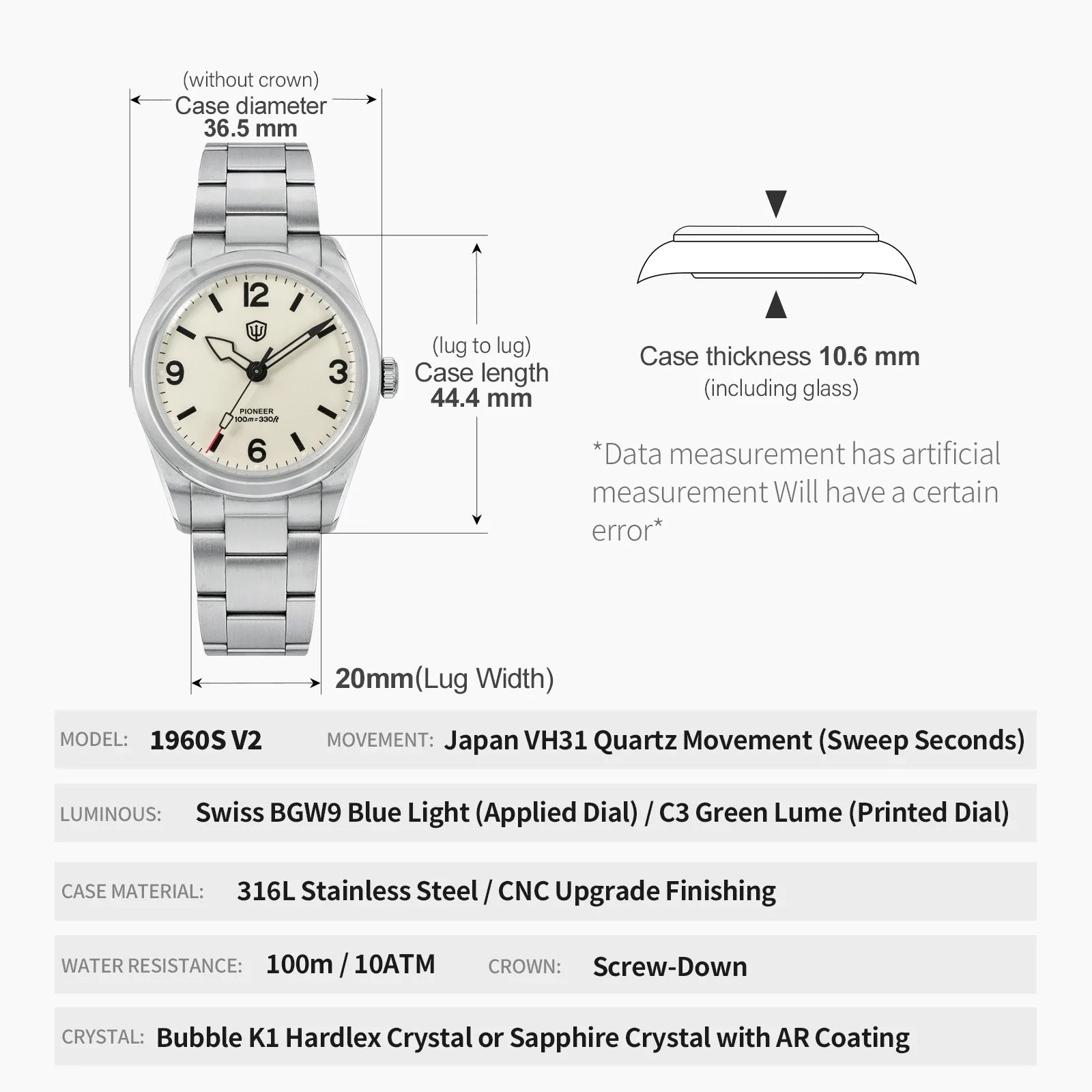 Trendbay 36.5mm Vintage Quartz Watch with Sapphire Crystal & 100M Water Resistance