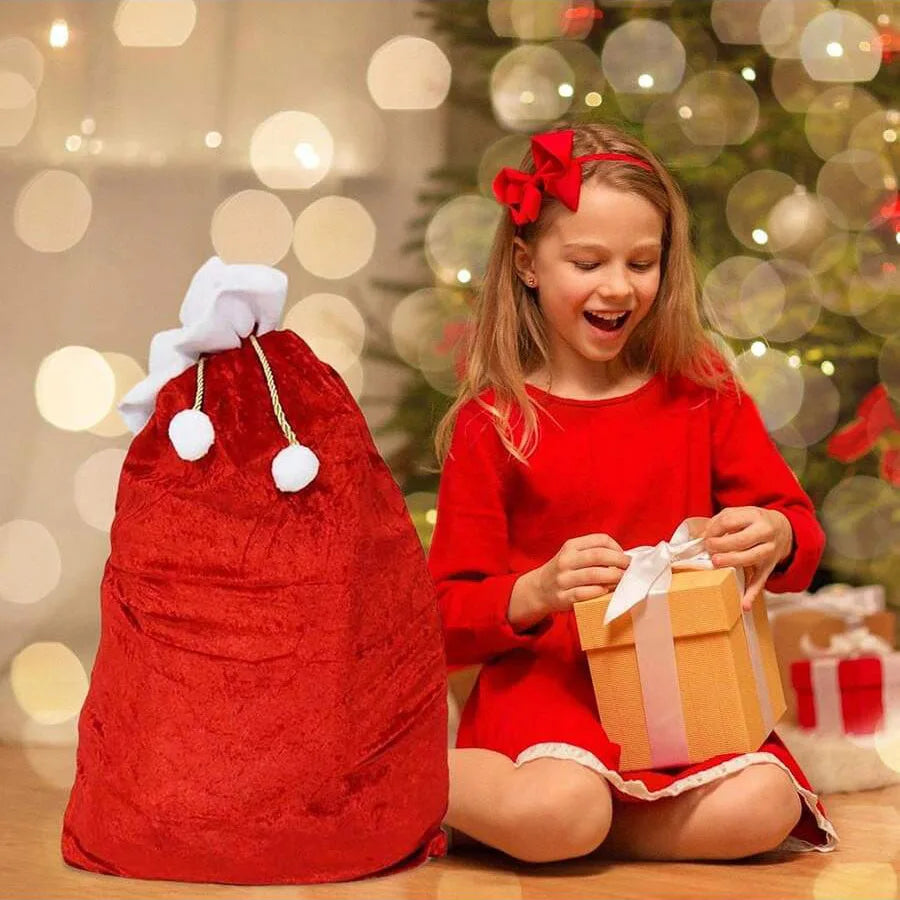 Trendbay Large Red Velvet Christmas Gift Bag with White Pompom