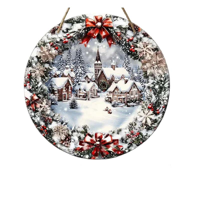 Trendbay 2D Flat Christmas Wooden Sign Ice & Snow Town Wreath