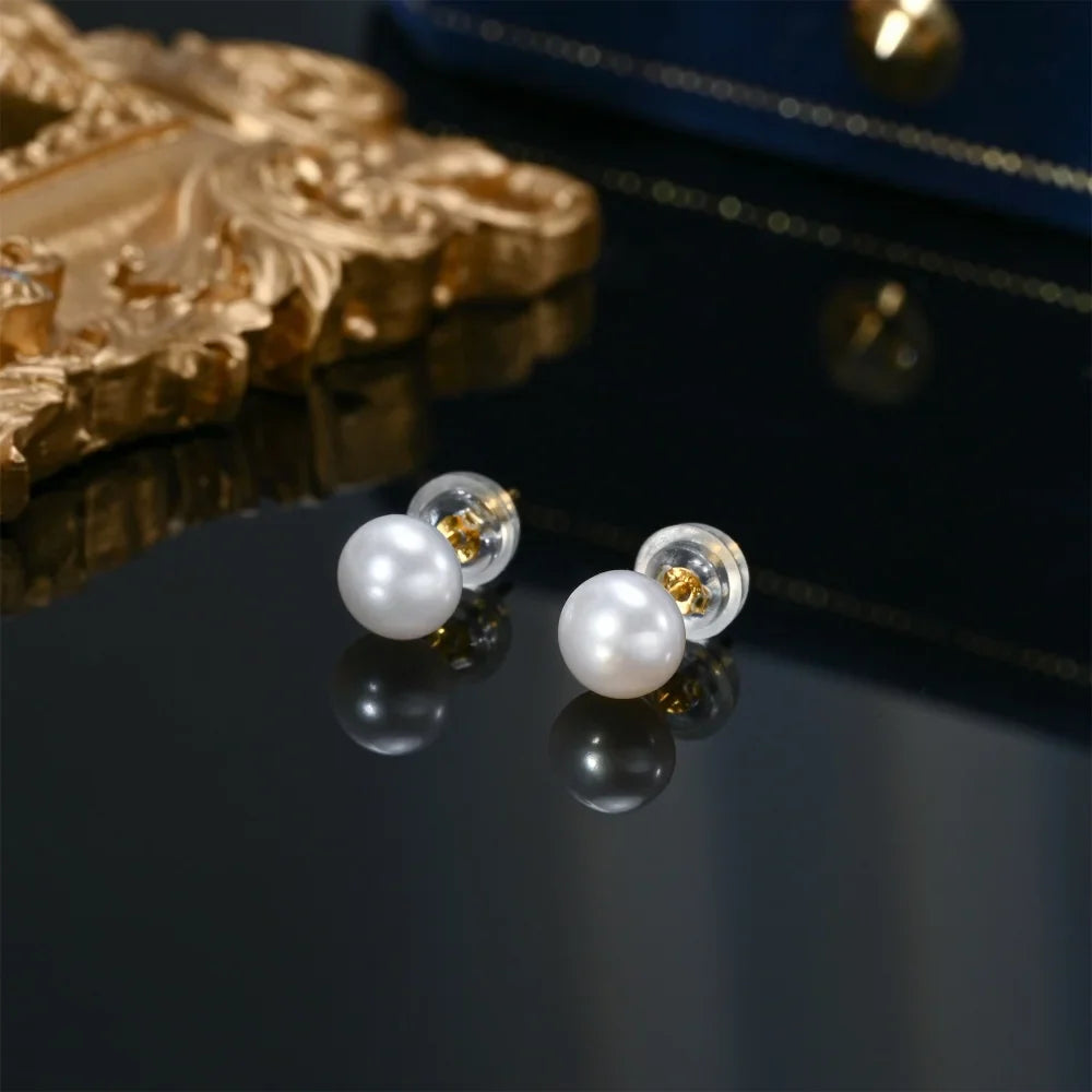 Trendbay White Freshwater Pearl Stud Earrings 925 Sterling Silver 5–5.5 mm