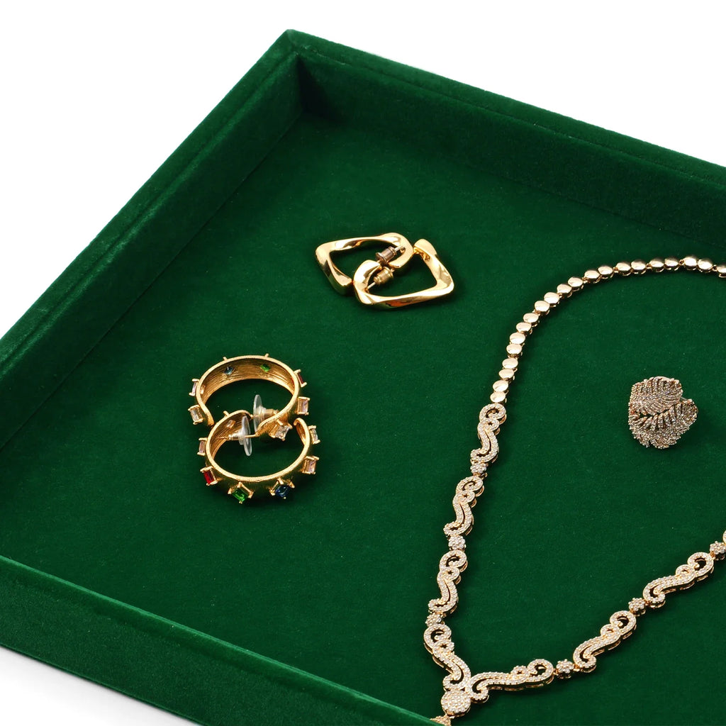 Trendbay Emerald Green Velvet Jewelry Display Tray Set – Multi-Grid Organizer for Rings, Necklaces, Earrings & Bracelets