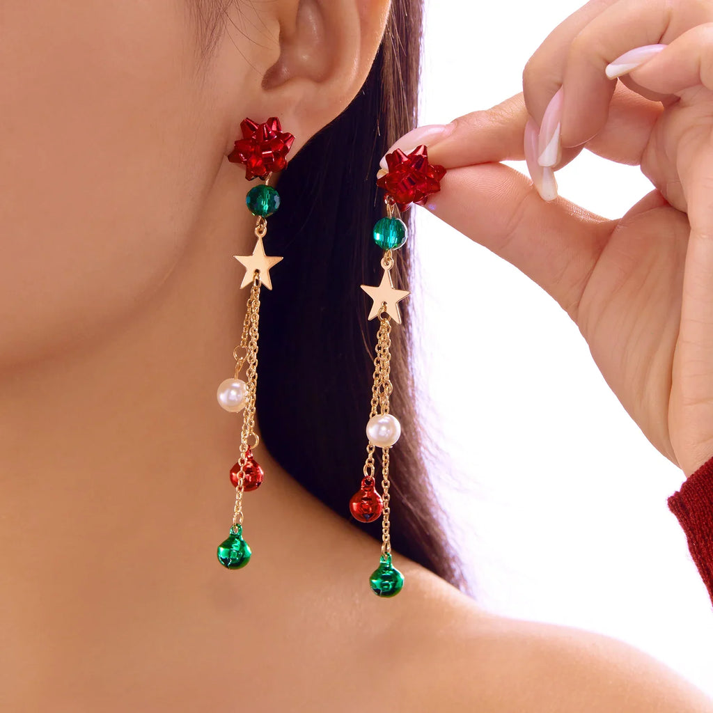 Trendbay Christmas Ribbon Star Tassel Drop Earrings for Women