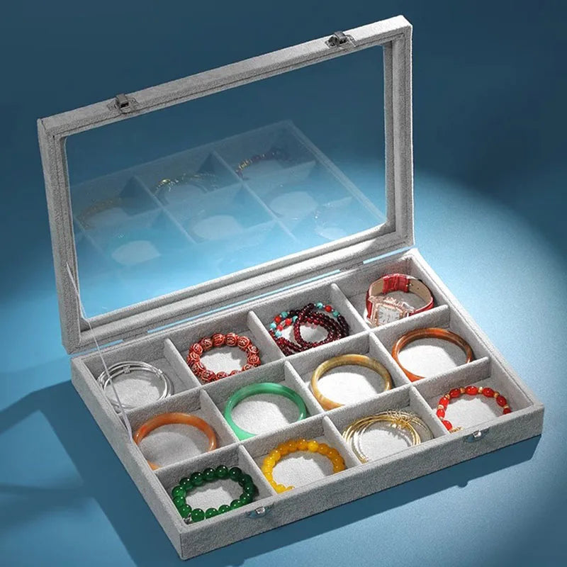 Trendbay Ice Velvet Jewelry Organizer Box – 12-Grid Storage Case with Clear Lid for Rings, Earrings & Bracelets