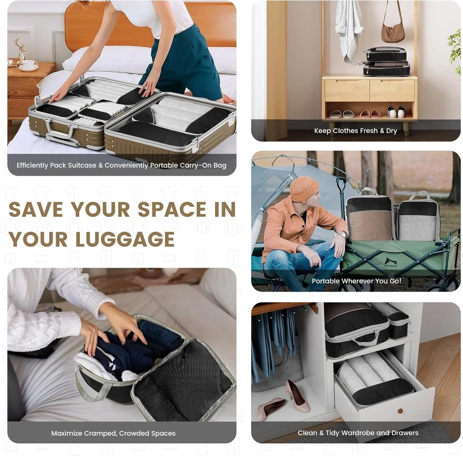 Trendbay 6-Piece Compression Packing Cubes Travel Organizer Set with Shoe Bag