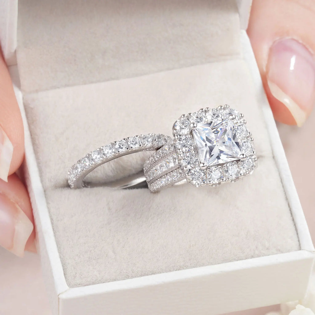 Trendbay Silver Halo Princess Cut Cubic Zirconia Engagement Ring – Vintage Wedding Ring for Women