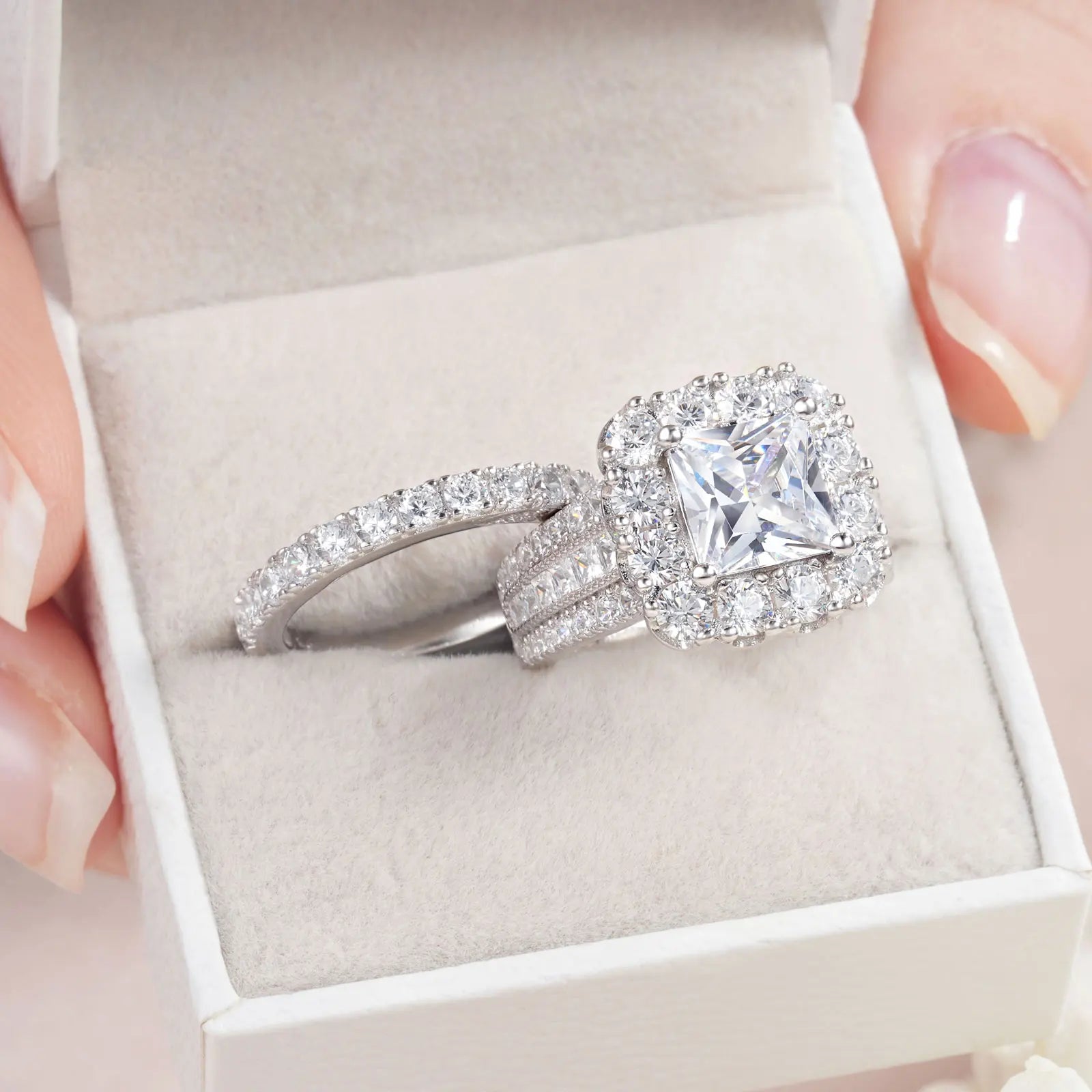 Trendbay Silver Halo Princess Cut Cubic Zirconia Engagement Ring – Vintage Wedding Ring for Women