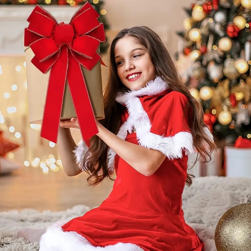 Trendbay Large Red Velvet Christmas Bow with Gold Glitter Edge
