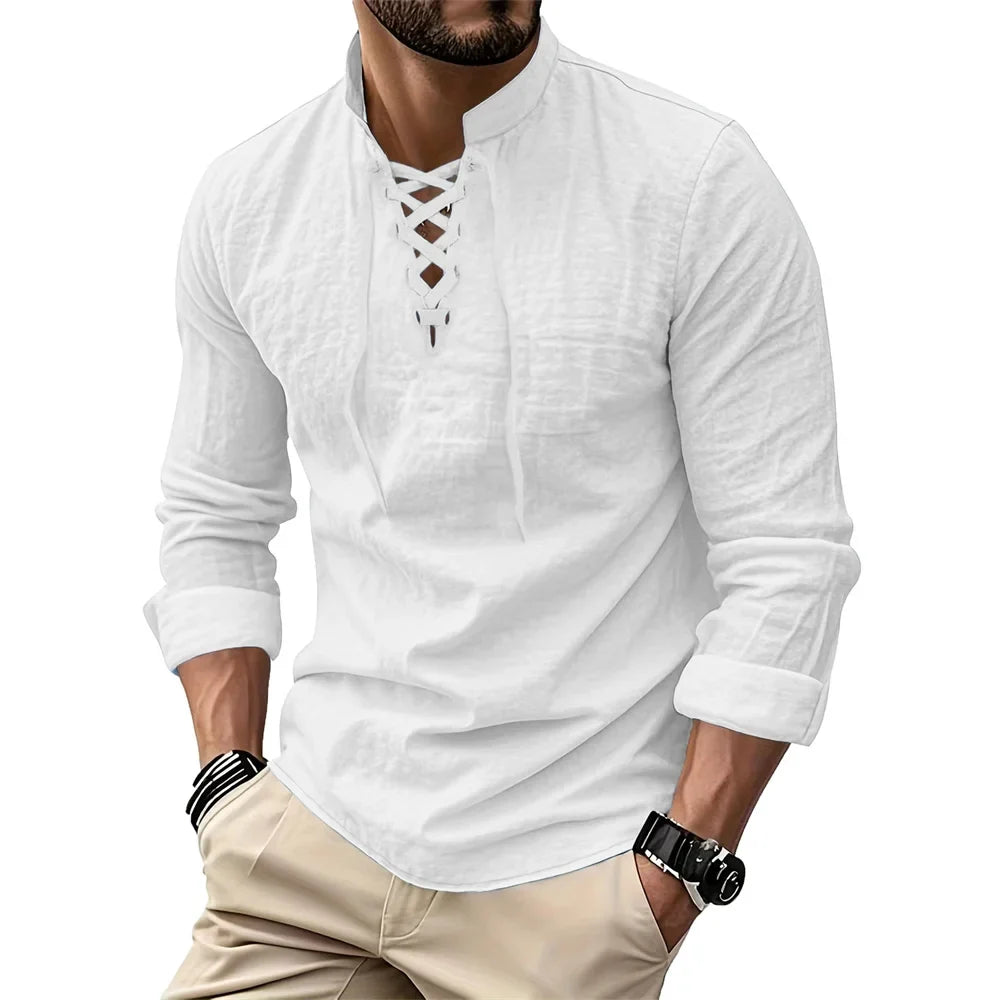 Trendbay  Men's Vintage V-Neck Cotton Linen Long Sleeve Shirt