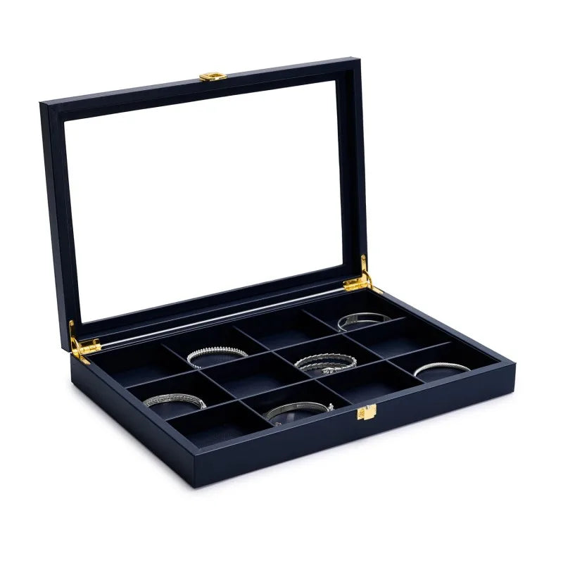 Trendbay Blue Jewelry Organizer Tray with Acrylic Lid – Premium Leather Display Case for Rings, Earrings & Accessories