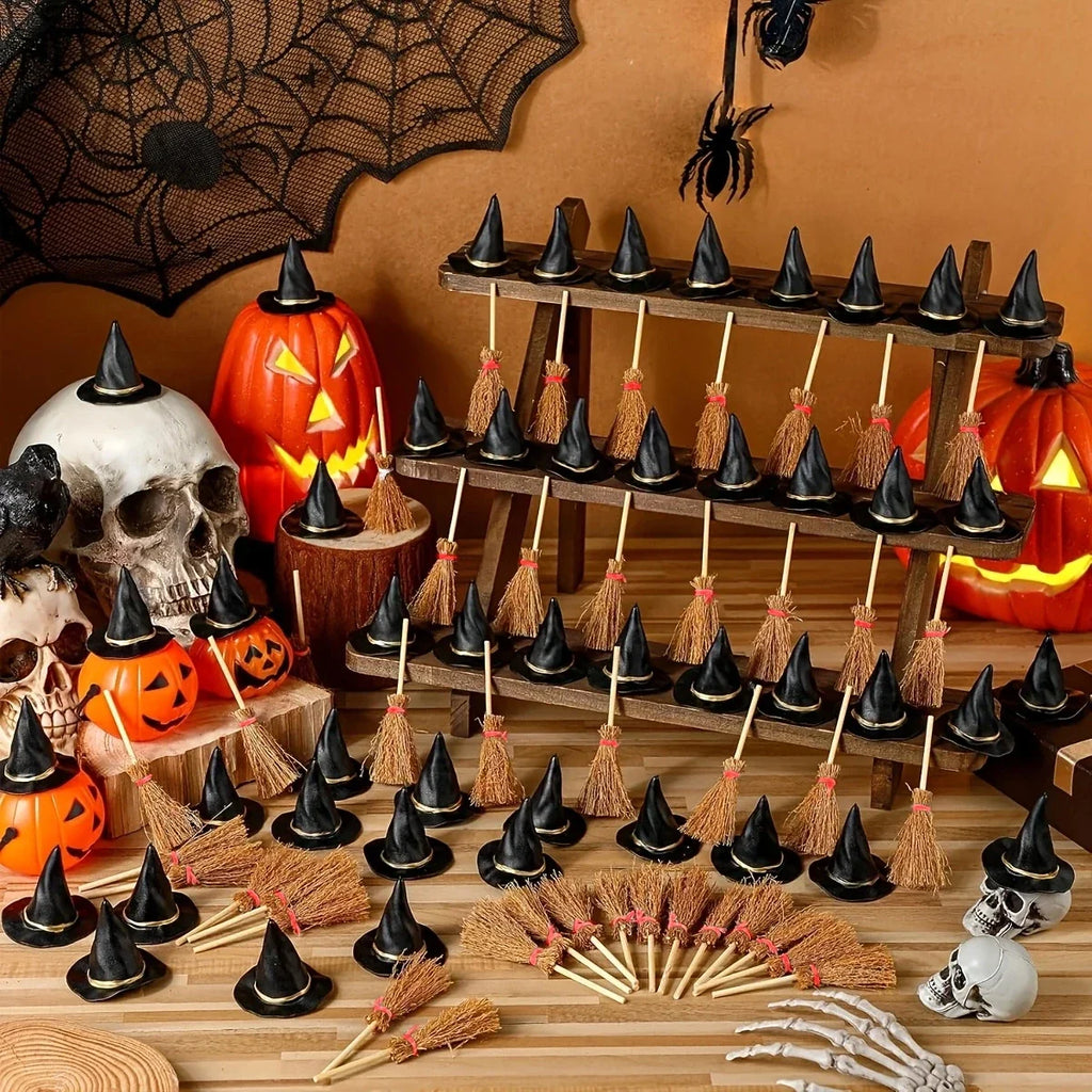 Trendbay 100-Piece Mini Witch Hat & Broom Set – Halloween Miniature