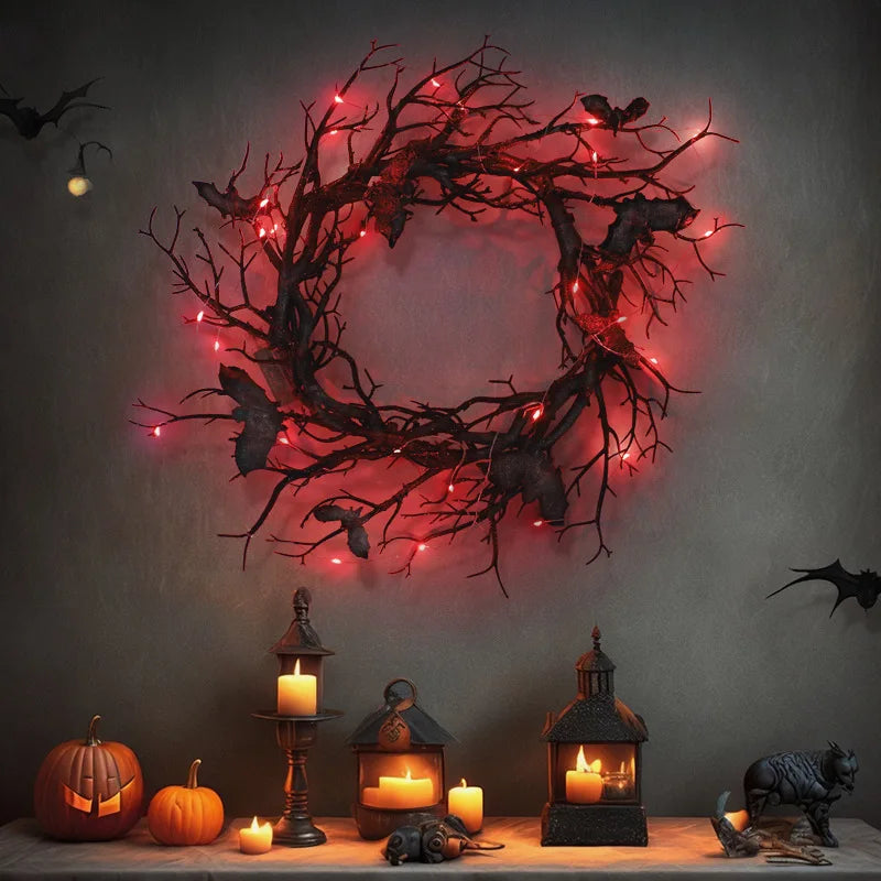 Trendbay 45cm Halloween Artificial Bat Branch Wreath with LED Light