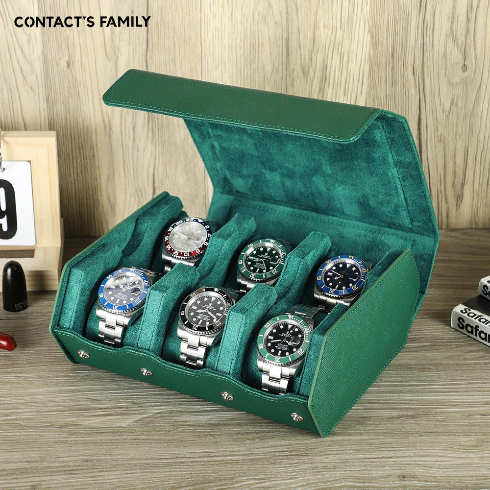 Trendbay 6-Slot Genuine Leather Watch Roll – Hexagon Watch Storage & Travel Display Case