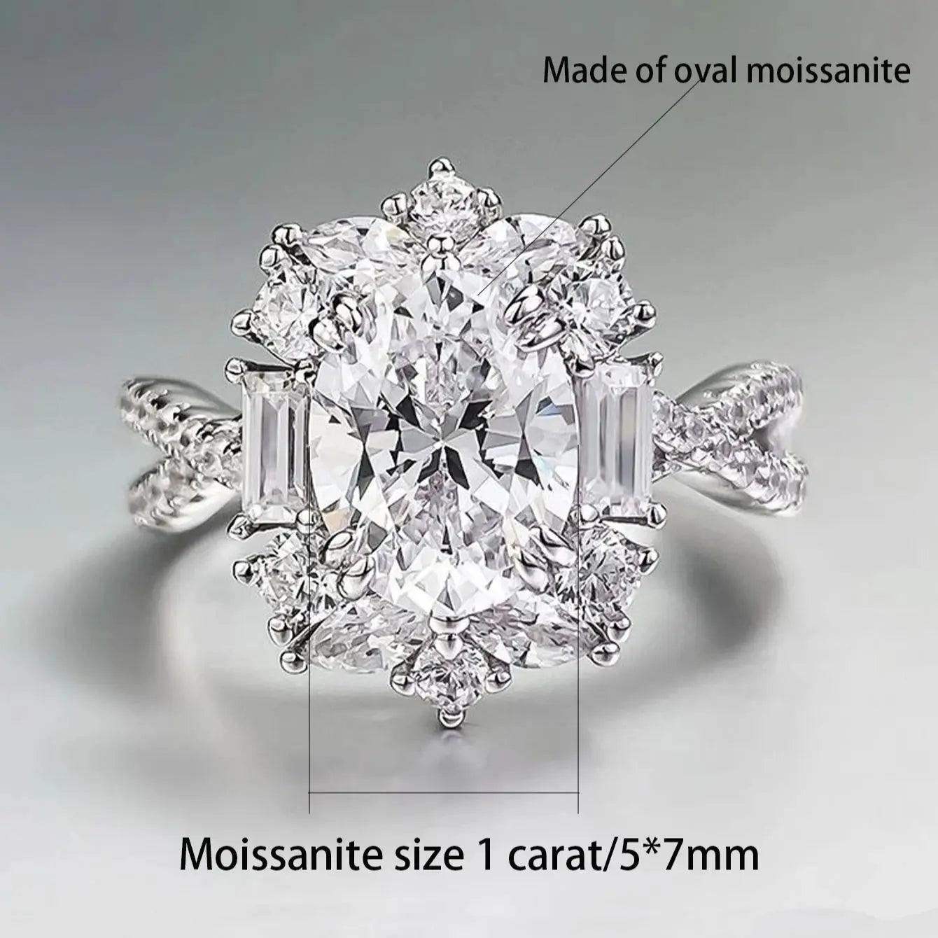 Trendbay Sterling Silver 1 Carat Oval Moissanite Ring – Vintage Elegant Statement Ring for Women