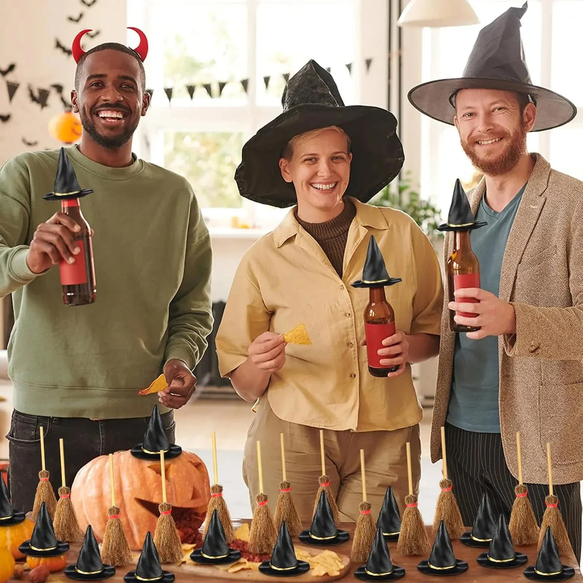 Trendbay 100-Piece Mini Witch Hat & Broom Set – Halloween Miniature