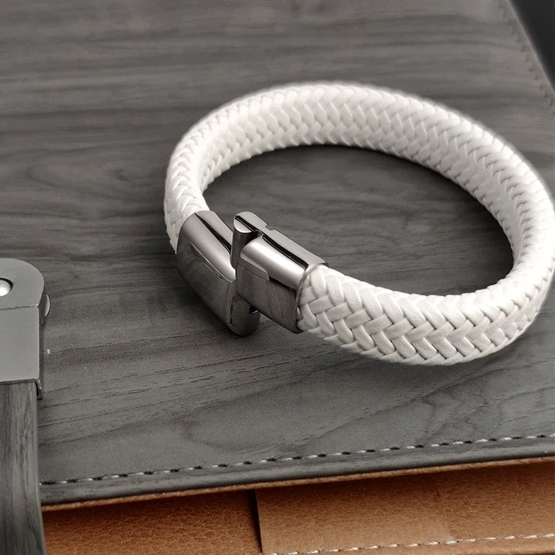 Trendbay White Leather Braided Bracelet for Men