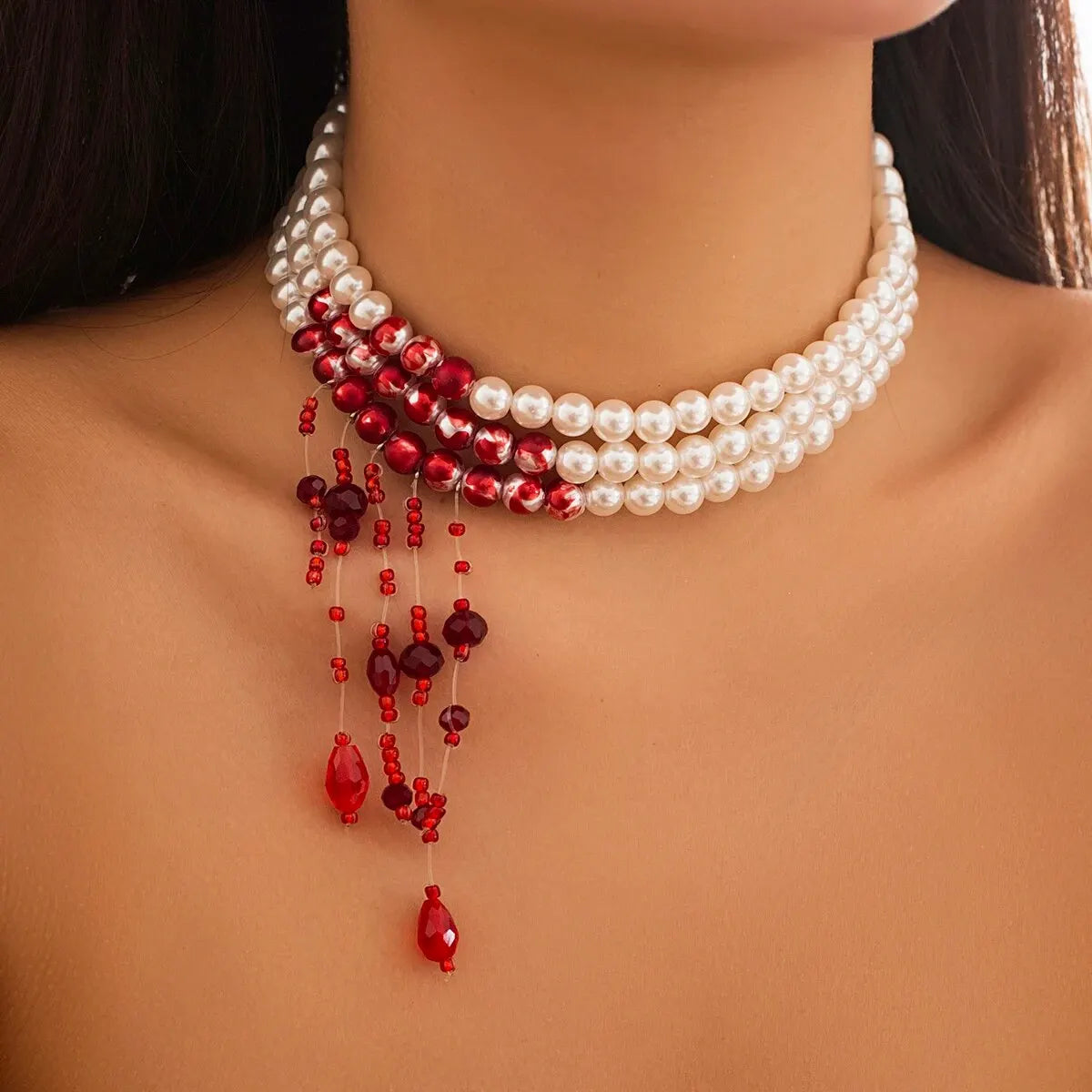Trendbay Layered Gothic Blood Pattern Imitation Pearl & Crystal Bead Tassel Necklace
