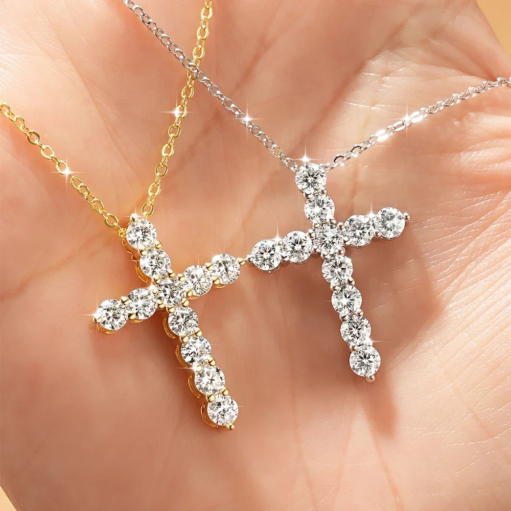 Trendbay 14K Gold Filled Moissanite Cross Pendant Necklace – D Color Round Moissanite with GRA Certificate