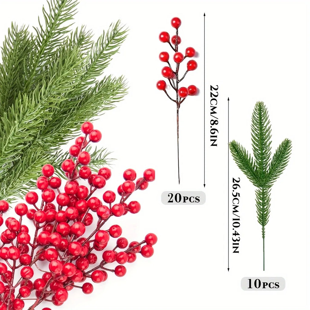 Trendbay Artificial Pine Branches with Red Berries 10Pcs
