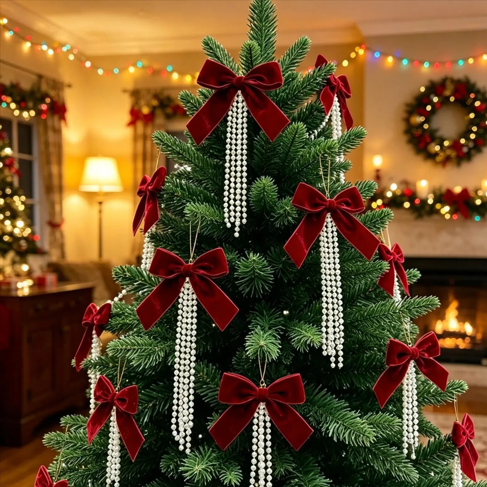 Trendbay 6PCS Pearl Flocking Christmas Bow Ornaments