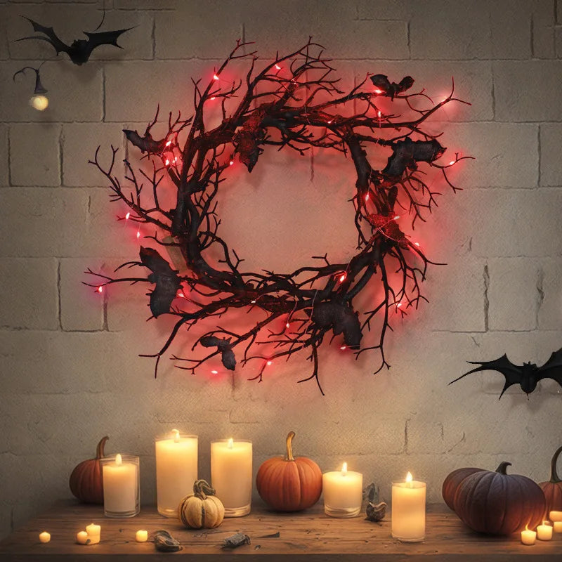 Trendbay 45cm Halloween Artificial Bat Branch Wreath with LED Light