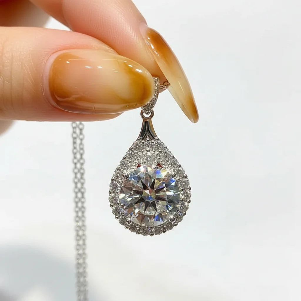 Trendbay 18K White Gold Plated Moissanite Teardrop Necklace – 925 Sterling Silver Pendant