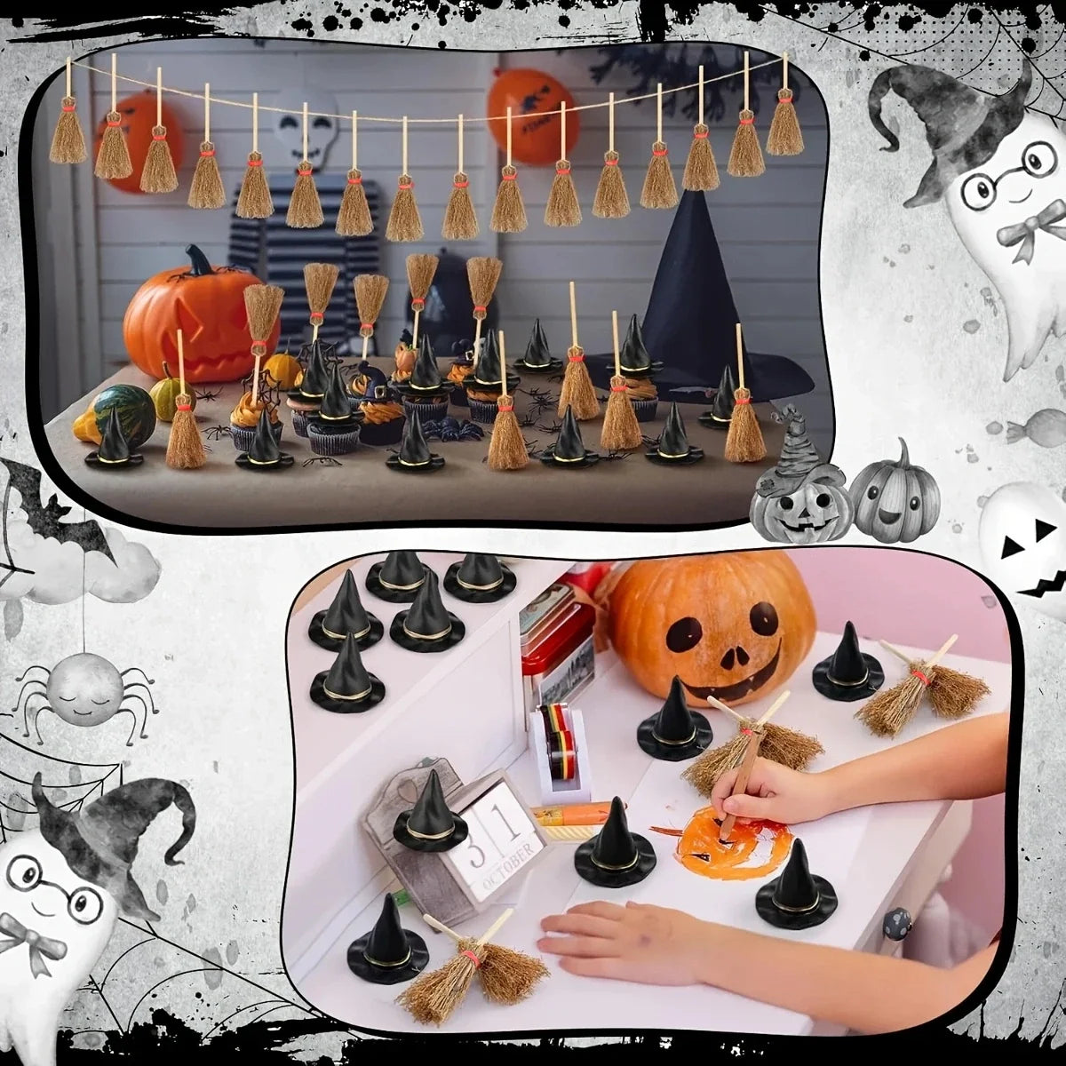 Trendbay 100-Piece Mini Witch Hat & Broom Set – Halloween Miniature
