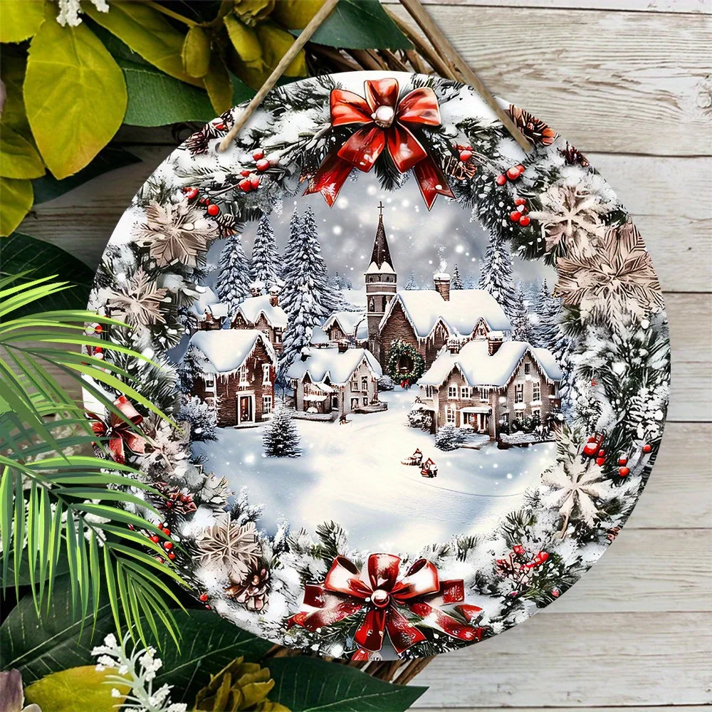 Trendbay 2D Flat Christmas Wooden Sign Ice & Snow Town Wreath
