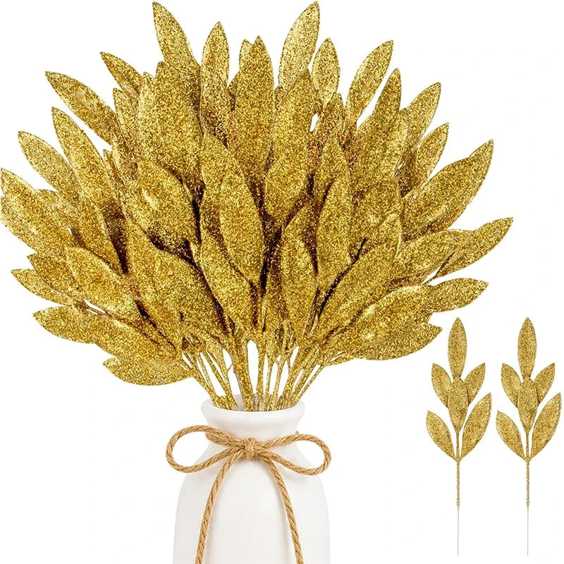 Trendbay 10Pcs Gold Glitter Christmas Leaves – 34 cm Artificial Branch Picks