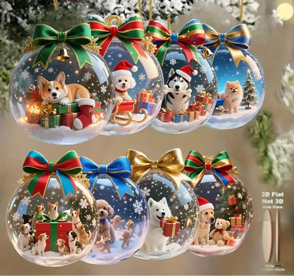 Trendbay Christmas Dog Wooden Hanging Ornament Set 8Pcs Flat 2D