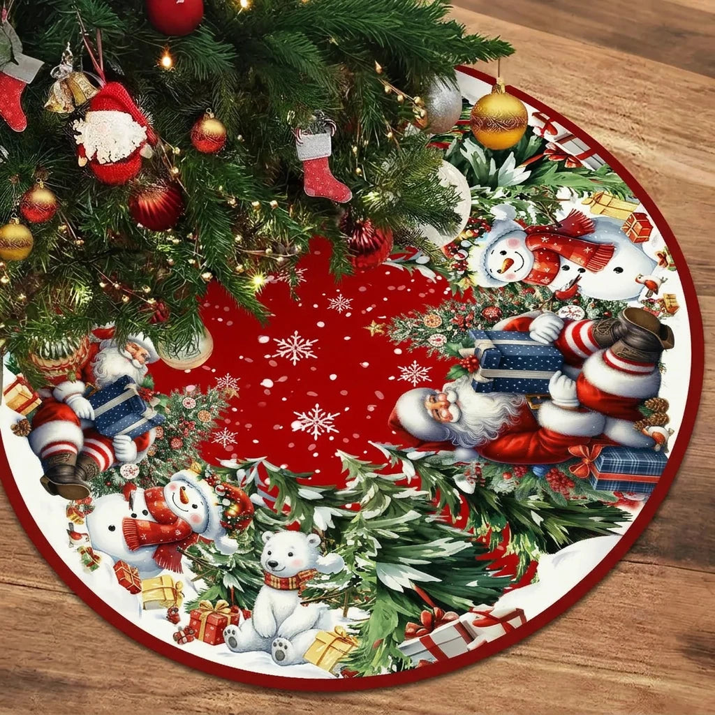 Trendbay Christmas Tree Skirt Santa & Snowman Printed Polyester Tree Base Cover
