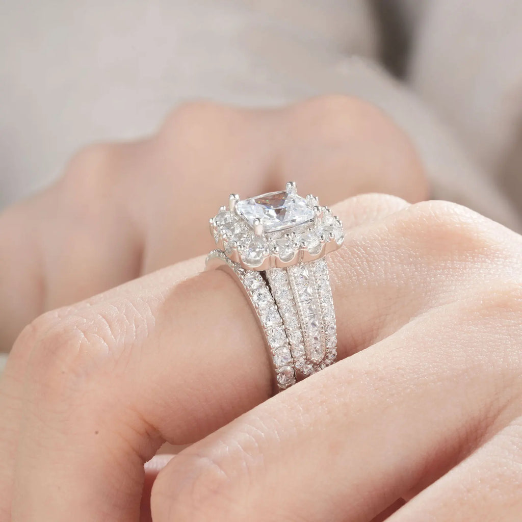 Trendbay Silver Halo Princess Cut Cubic Zirconia Engagement Ring – Vintage Wedding Ring for Women