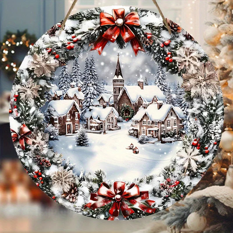 Trendbay 2D Flat Christmas Wooden Sign Ice & Snow Town Wreath