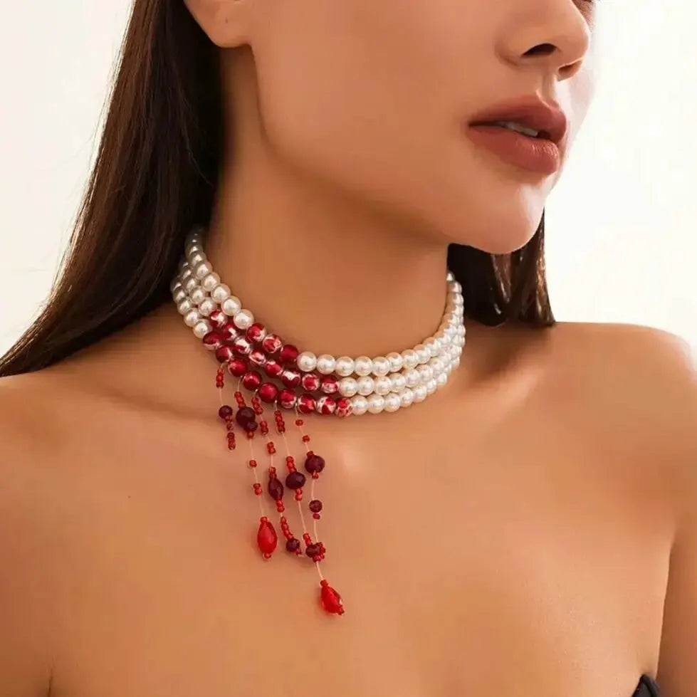Trendbay Layered Gothic Blood Pattern Imitation Pearl & Crystal Bead Tassel Necklace