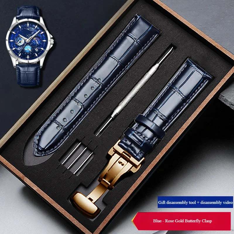 Trendbay 24mm Genuine Leather Watch Strap – Blue Cowhide Replacement Band with Gift Box