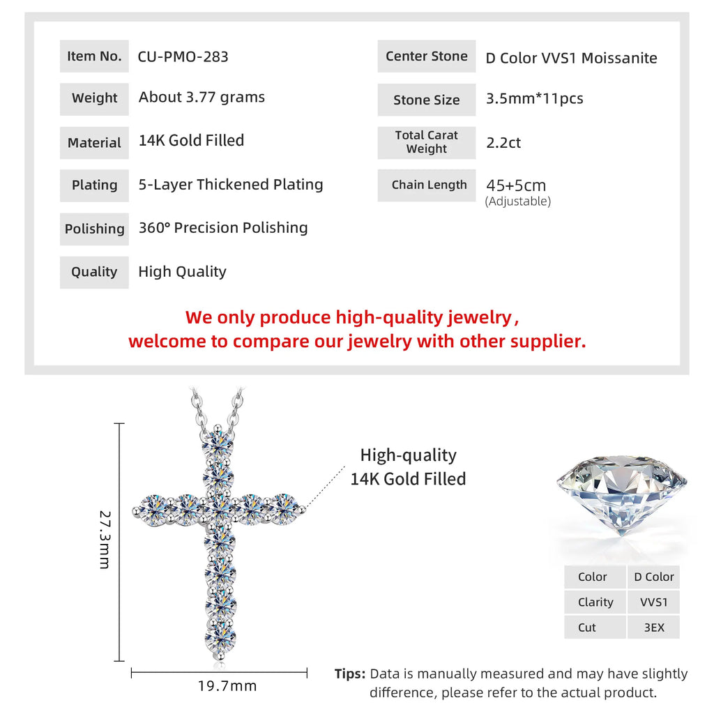 Trendbay 14K Gold Filled Moissanite Cross Pendant Necklace – D Color Round Moissanite with GRA Certificate