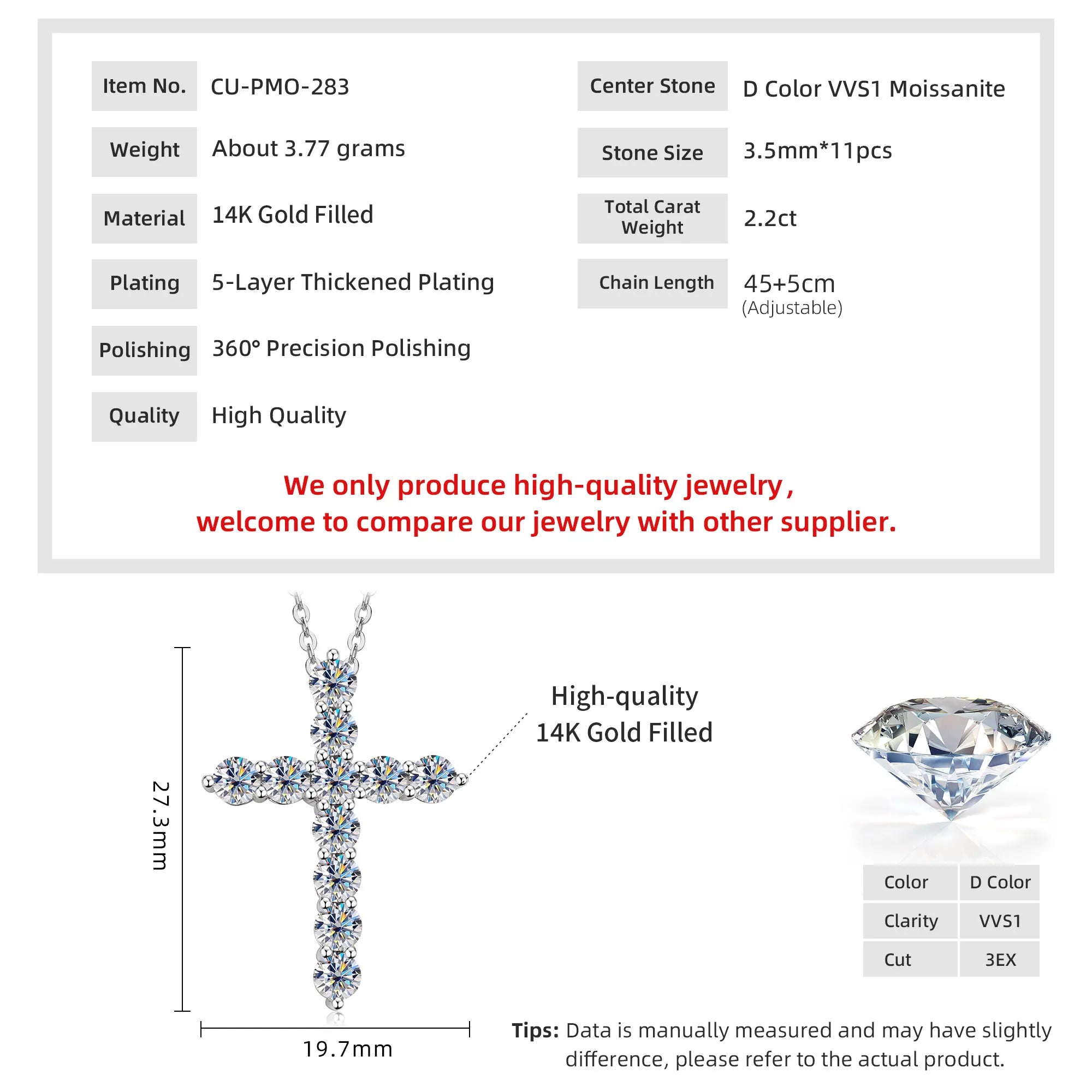 Trendbay 14K Gold Filled Moissanite Cross Pendant Necklace – D Color Round Moissanite with GRA Certificate