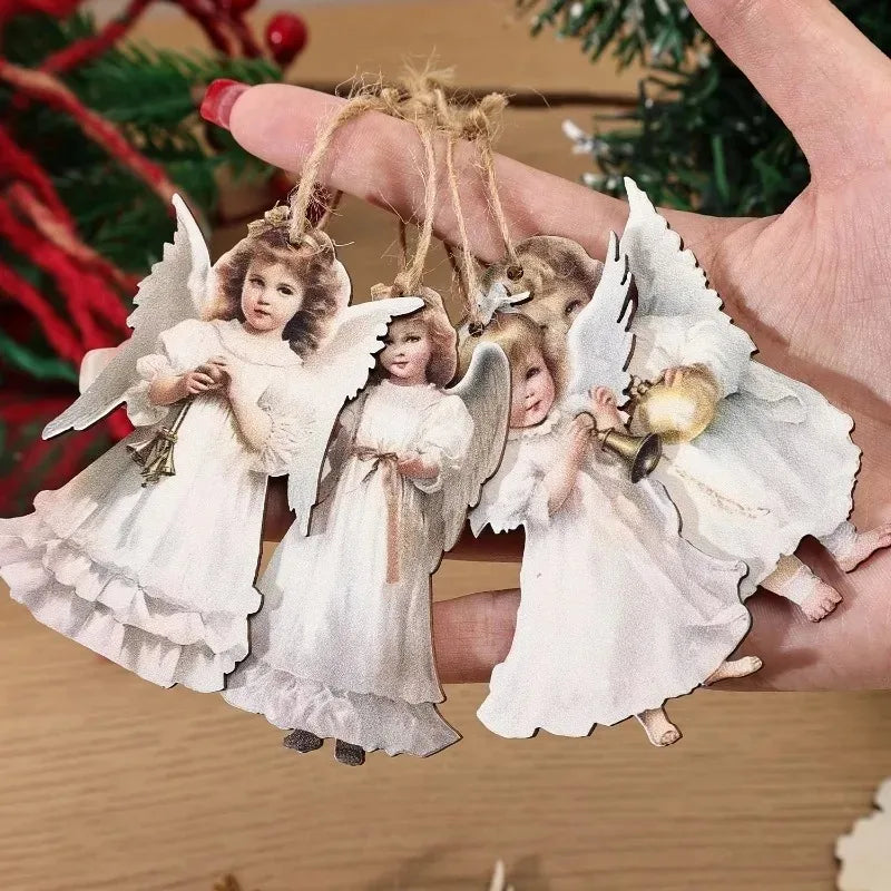 Trendbay 12pcs Wooden Christmas Angel Ornaments Flat 2D Hanging Decor