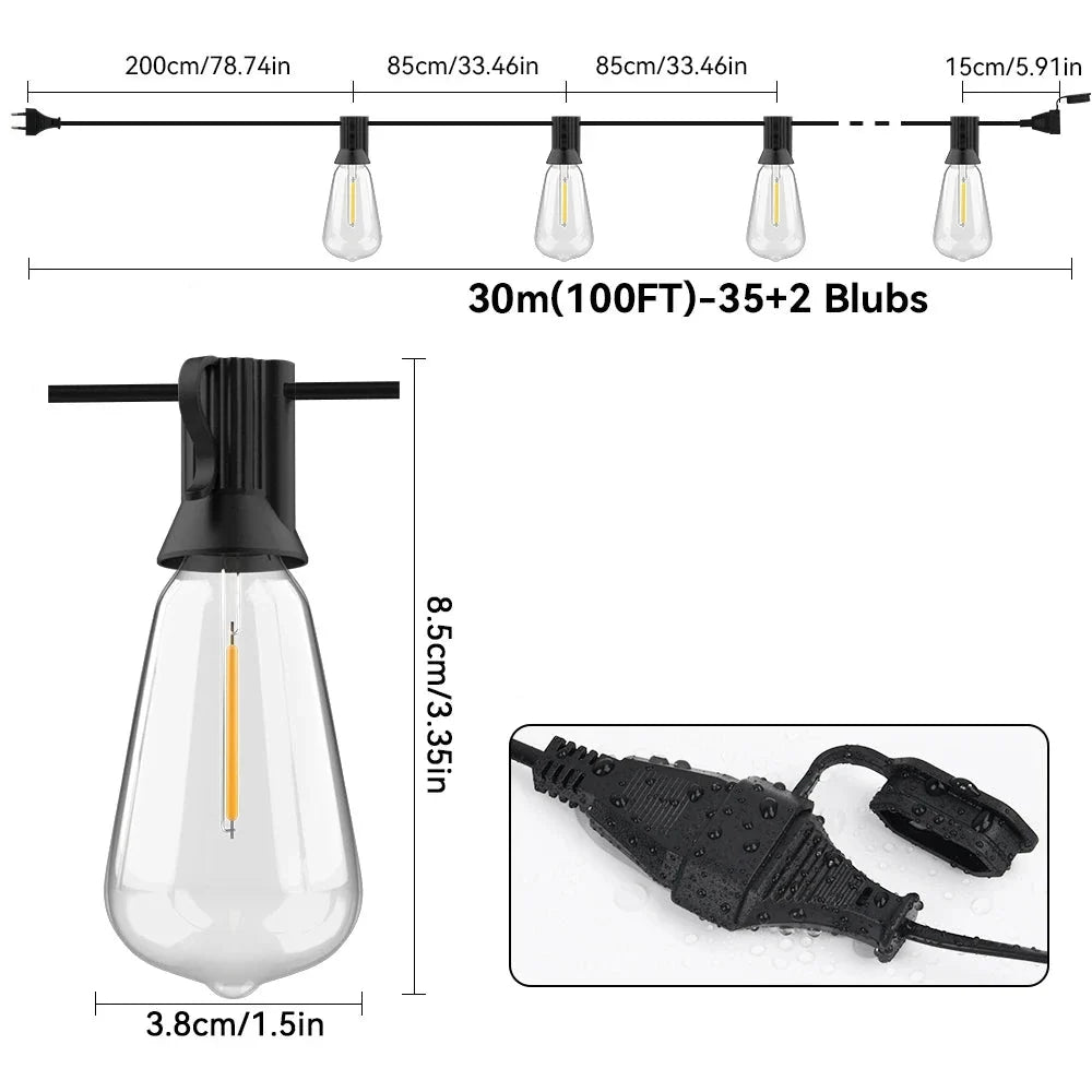 Trendbay 30M 35LED ST38 String Lights Warm 2200K Shatterproof Bulbs