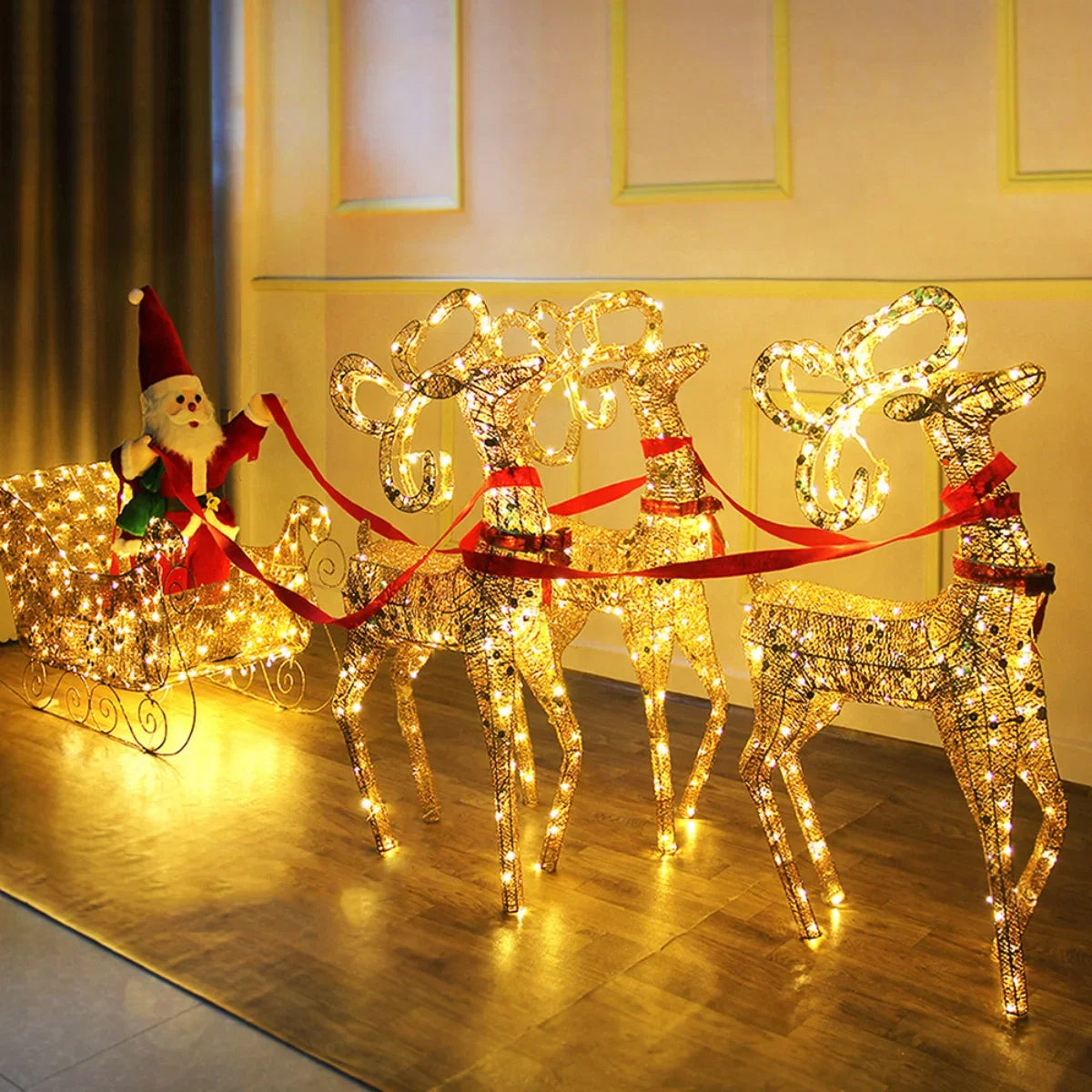 Trendbay Christmas Gold Reindeer Sleigh with LED Lights