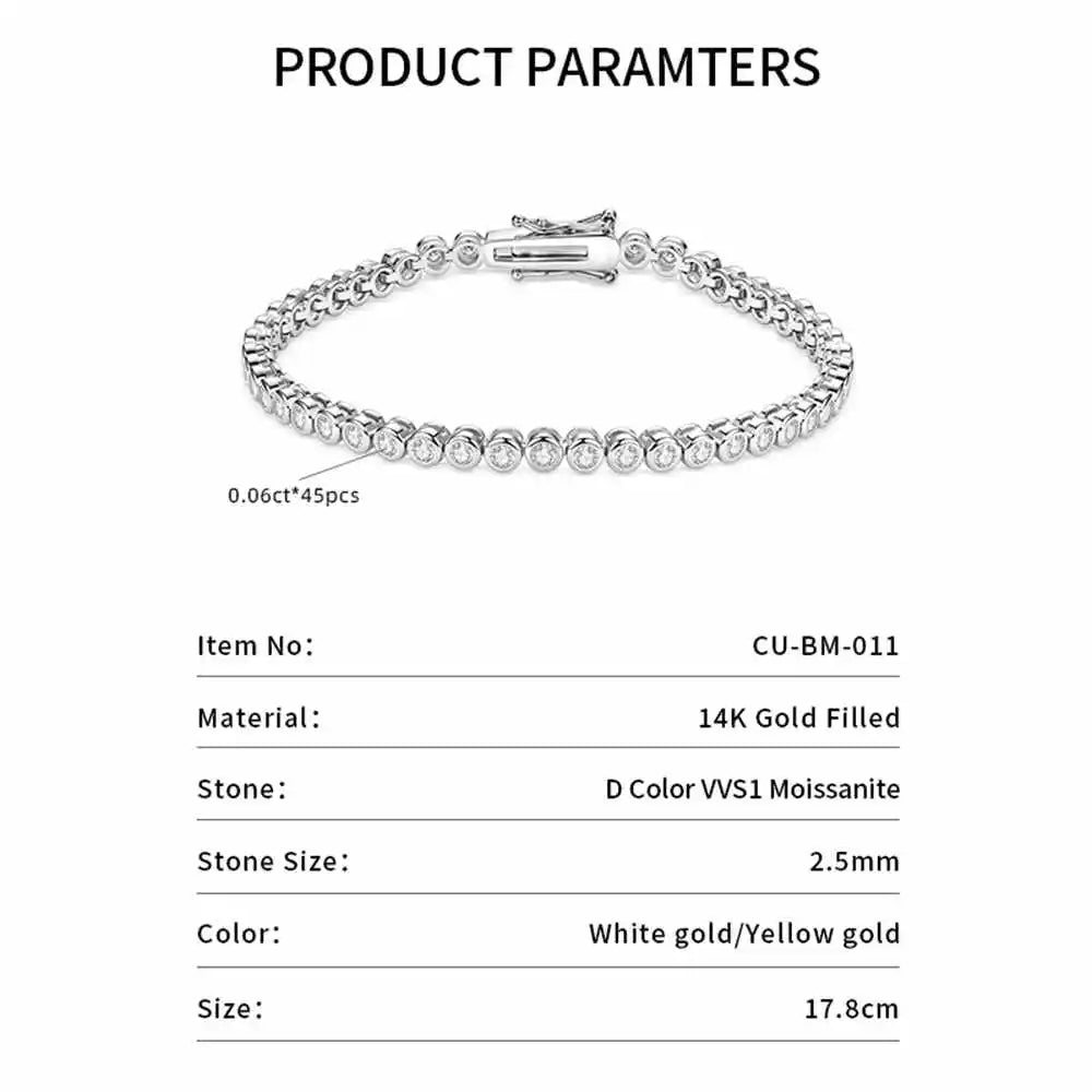 Trendbay 14K Gold Filled 2.5mm Moissanite Tennis Bracelet – Round Bezel Chain Bracelet for Women