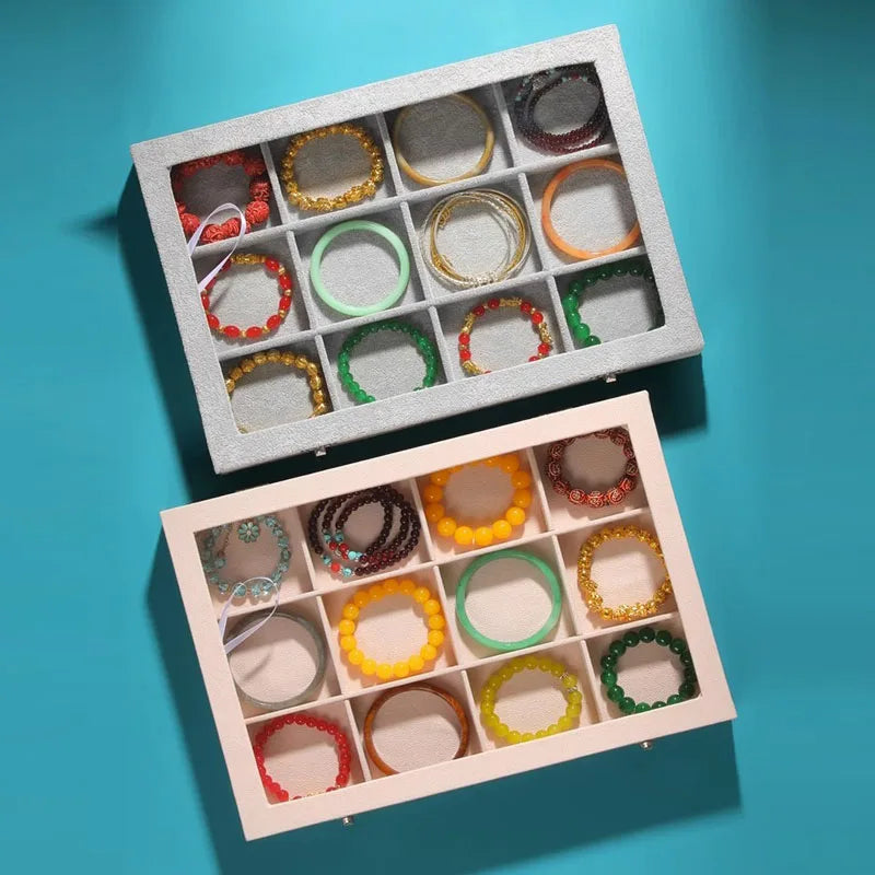 Trendbay Ice Velvet Jewelry Organizer Box – 12-Grid Storage Case with Clear Lid for Rings, Earrings & Bracelets