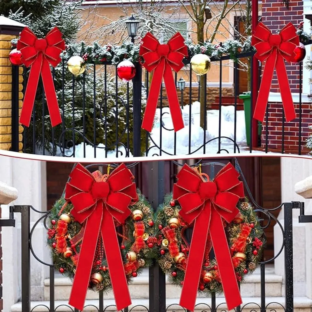 Trendbay Large Red Velvet Christmas Bow with Gold Glitter Edge