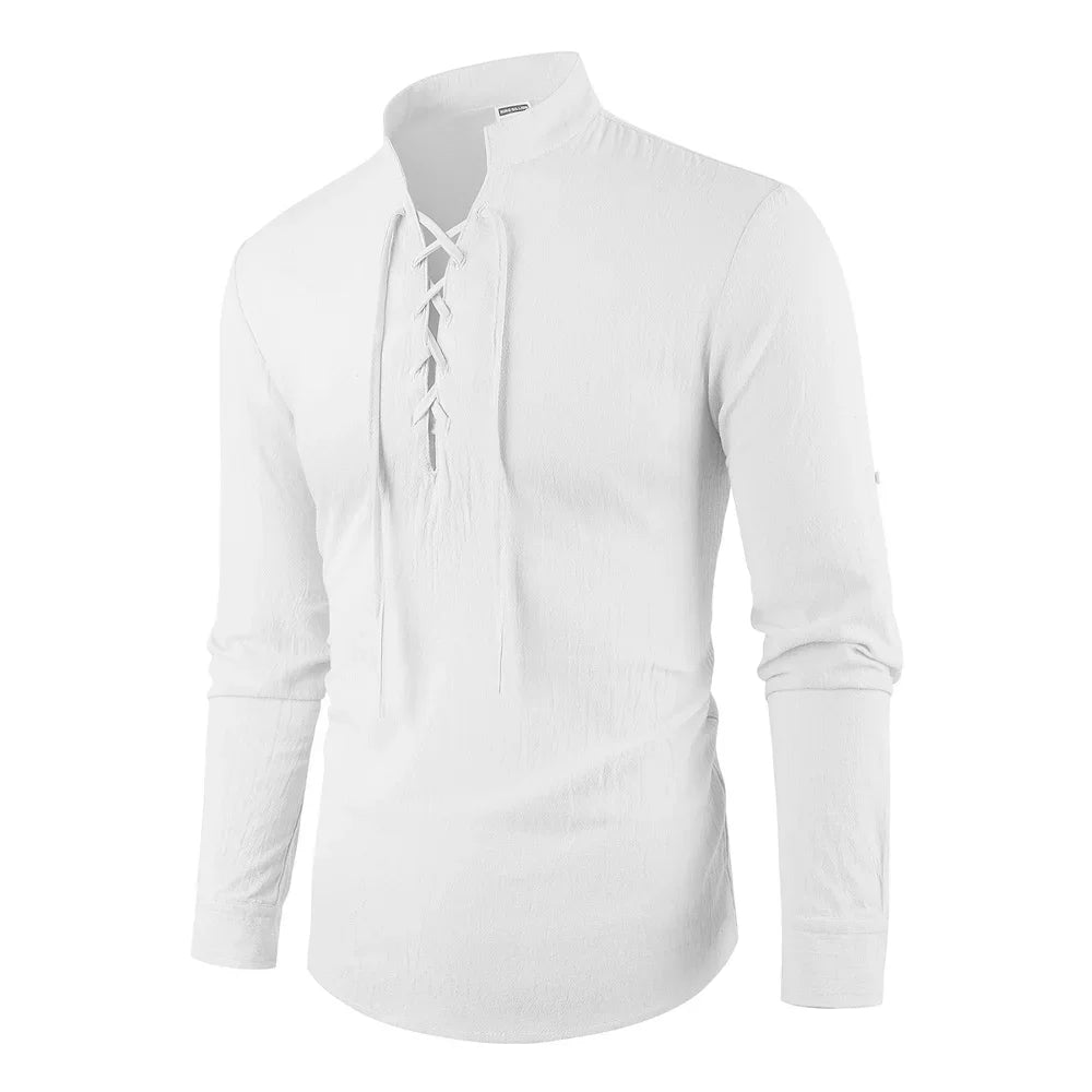 Trendbay  Men's Vintage V-Neck Cotton Linen Long Sleeve Shirt